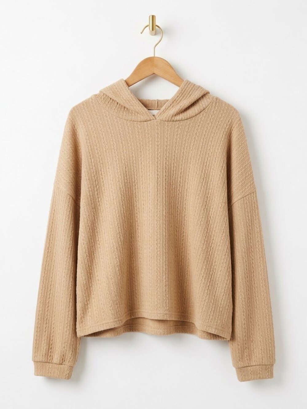 Tan Cable Knit Waffle Pullover Hoodie Size 3X Soft Comfy Cozy Oversized Boho